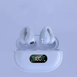Wireless Ear Clip Skeleton Conduction Headphones, Open Ear Headphones Wireless Bluetooth, Skeleton Conduction Headphones Bluetooth Earphones for Running, Sports, Cycling (White Battery Display)