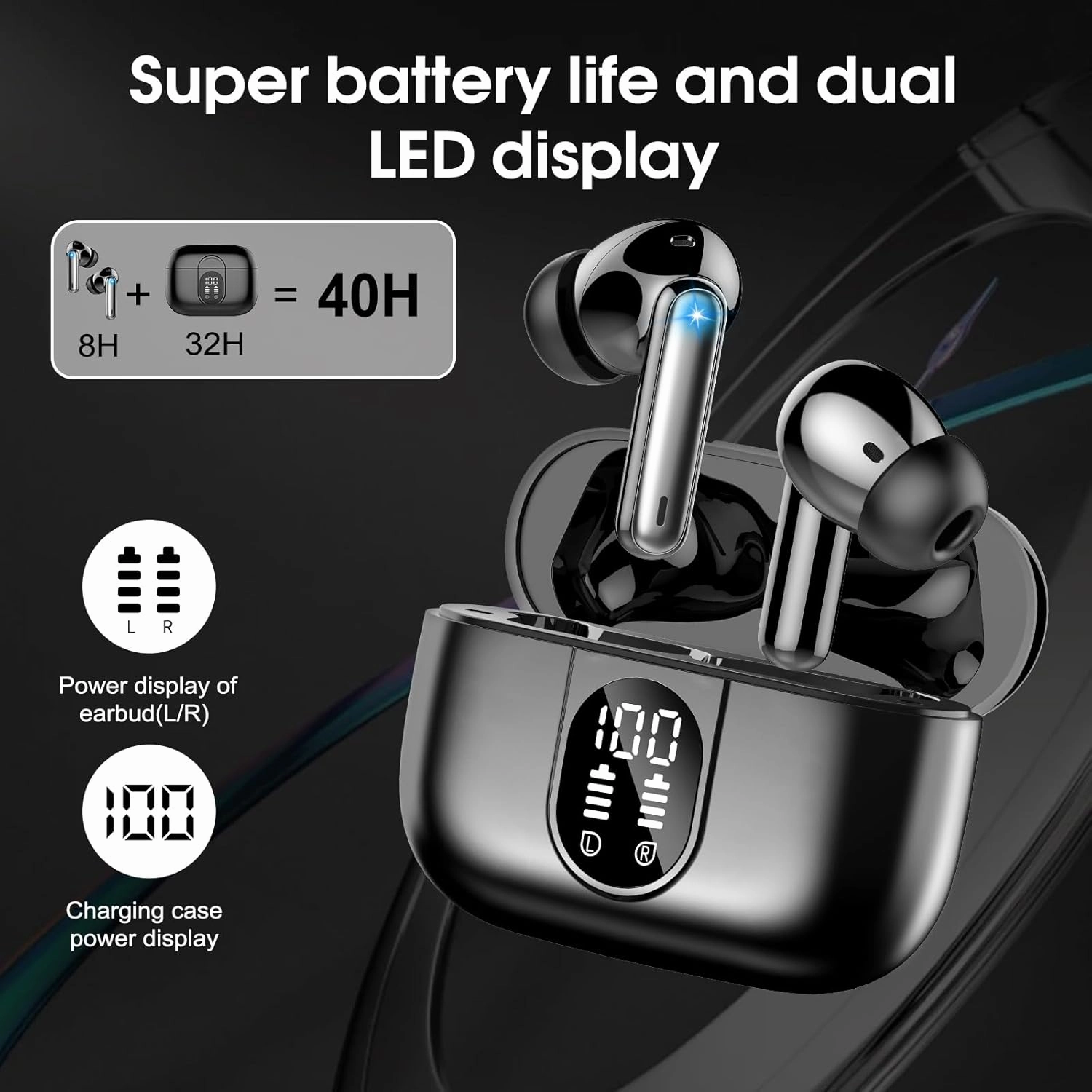 Wireless Earbuds Bluetooth 5.3 Headphones, 40H Playtime in-Ear Earphones, Mini Bluetooth Earbuds with ENC Noise Cancelling Mic, Deep Bass Stereo Ear Buds, LED Display, IPX7 Waterproof Earphones