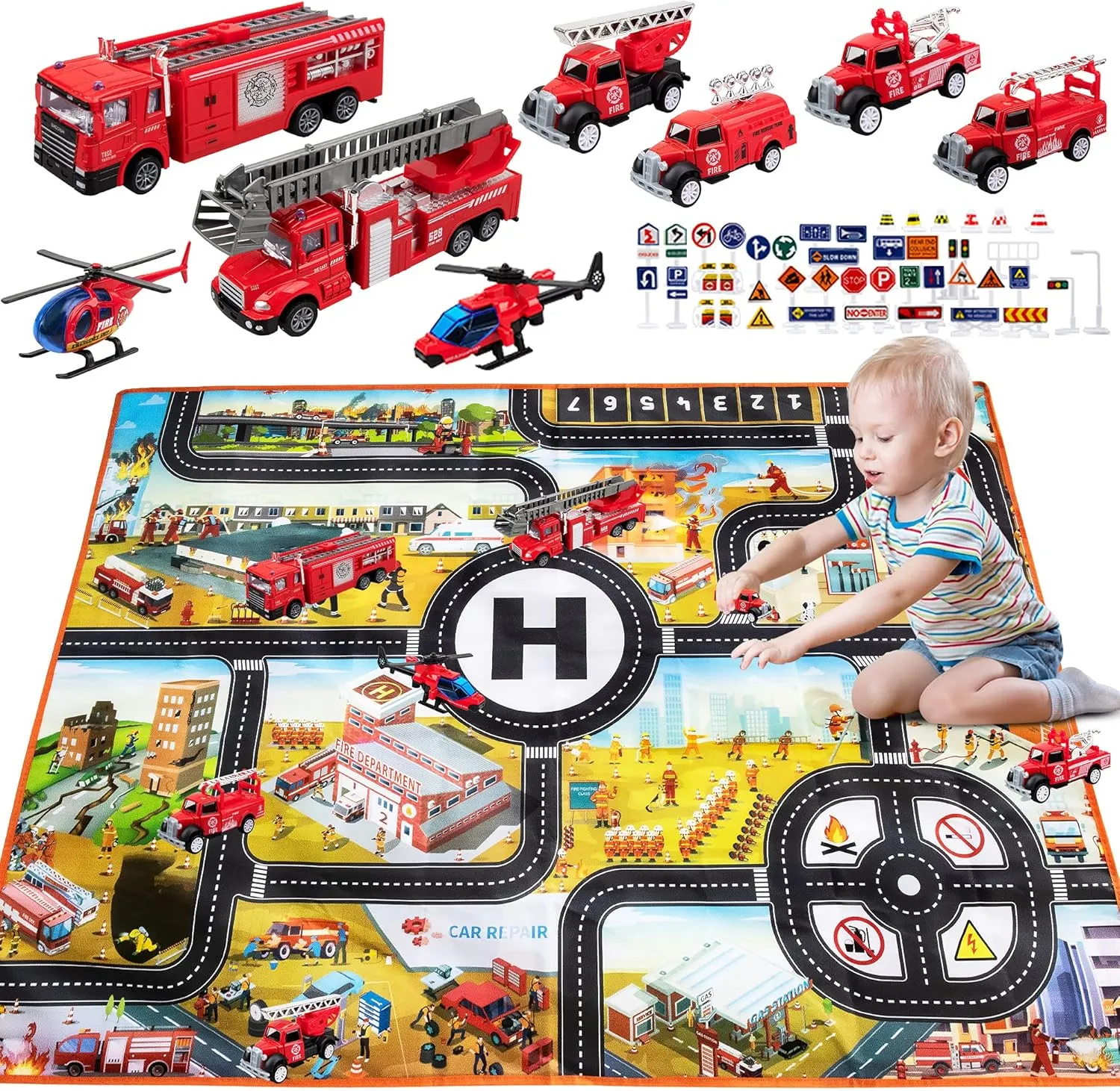 WISESTAR 65PCS Diecast Fire Truck Toys for Boys Girls - Fire Engine Toy w/Large Rescue Mat - Firefighting Pull Back Car Set - Christmas Birthday Gift for Kids Age 3 4 5 6 7