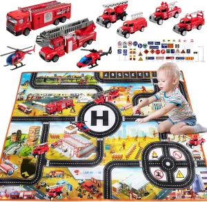 WISESTAR 65PCS Diecast Fire Truck Toys for Boys Girls - Fire Engine Toy w/Large Rescue Mat - Firefighting Pull Back Car Set - Christmas Birthday Gift for Kids Age 3 4 5 6 7