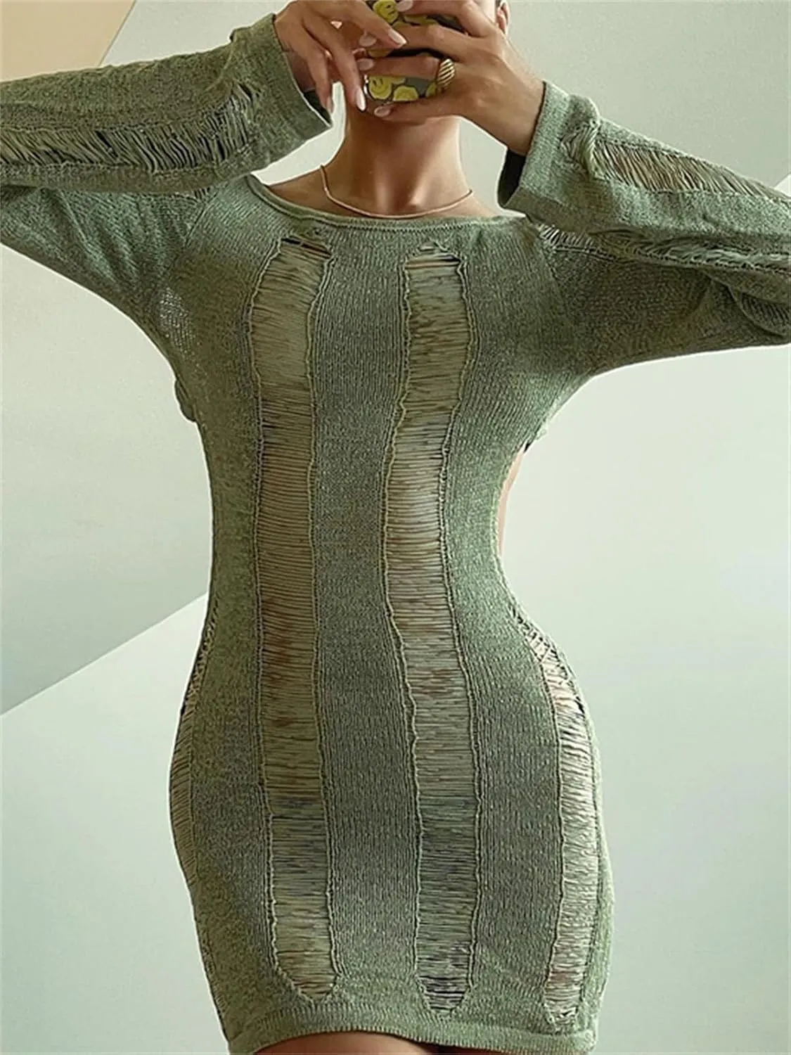 Women Crochet Knitted Dress Hollow Out Backless Long Sleeve Mini Casual Sweater Dress Y2K Beach Cover Ups Streetwear