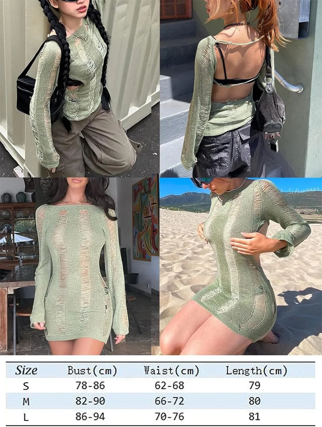 Women Crochet Knitted Dress Hollow Out Backless Long Sleeve Mini Casual Sweater Dress Y2K Beach Cover Ups Streetwear