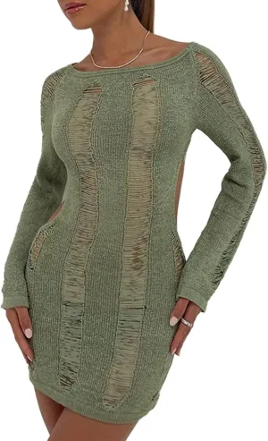 Women Crochet Knitted Dress Hollow Out Backless Long Sleeve Mini Casual Sweater Dress Y2K Beach Cover Ups Streetwear