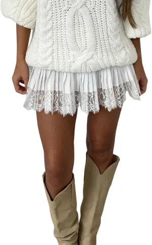 Women Lace Mini Skirt Retro Western Half Slip Skirt Pleated Ruffle a Line Flowy Short Skirt for Concert