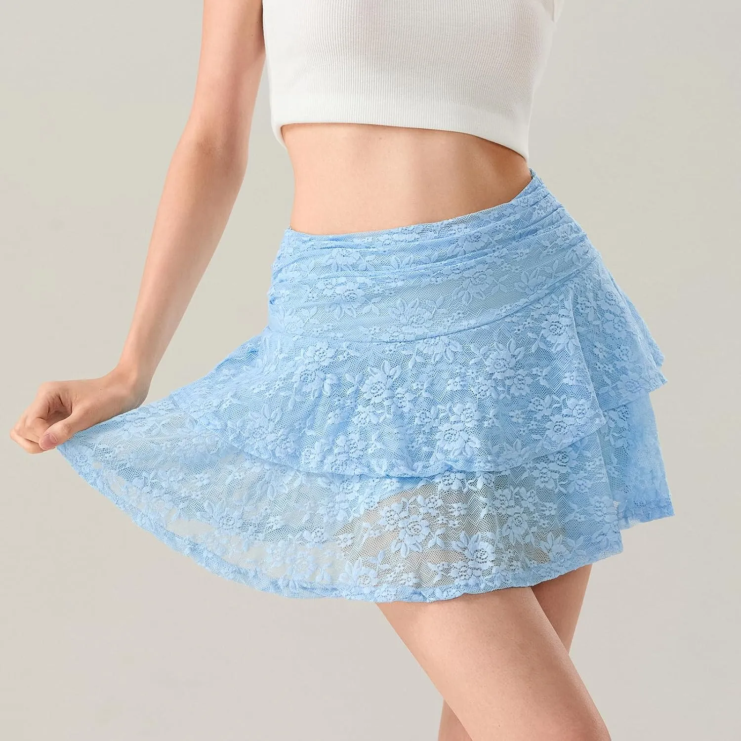 Women Lace Mini Skirt Retro Western Half Slip Skirt Pleated Ruffle a Line Flowy Short Skirt for Concert
