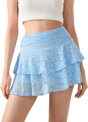 Women Lace Mini Skirt Retro Western Half Slip Skirt Pleated Ruffle a Line Flowy Short Skirt for Concert