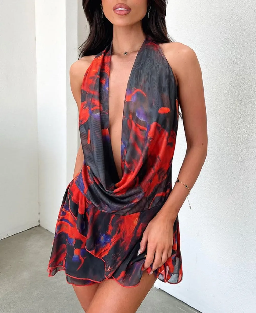Women Summer Mesh Mini Dress Sexy Halter V Neck Backless Short Dress A Line Going Out Party Cocktail Dresses