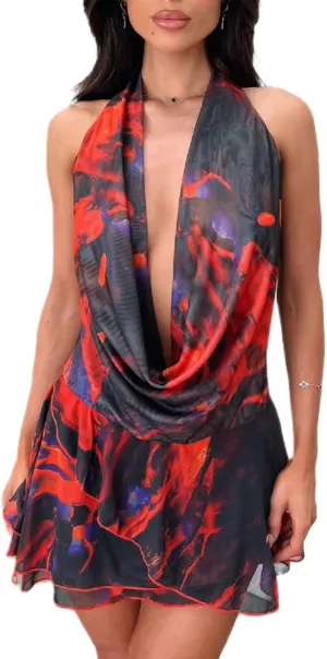 Women Summer Mesh Mini Dress Sexy Halter V Neck Backless Short Dress A Line Going Out Party Cocktail Dresses