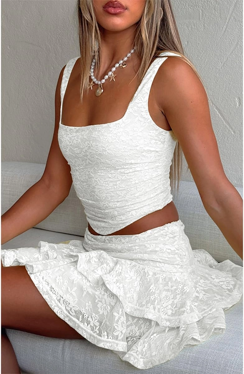 Women Ruffle Mini Skirt Y2k Elastic Waist Lace Layered Pleated Lined Short Skirts Party Clubwear