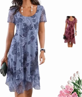 Women's Fresh Print Round Neck Short Sleeve A-Line Mini Dress, Lace Term Flowy Smocked Elegant Floral Print Dress
