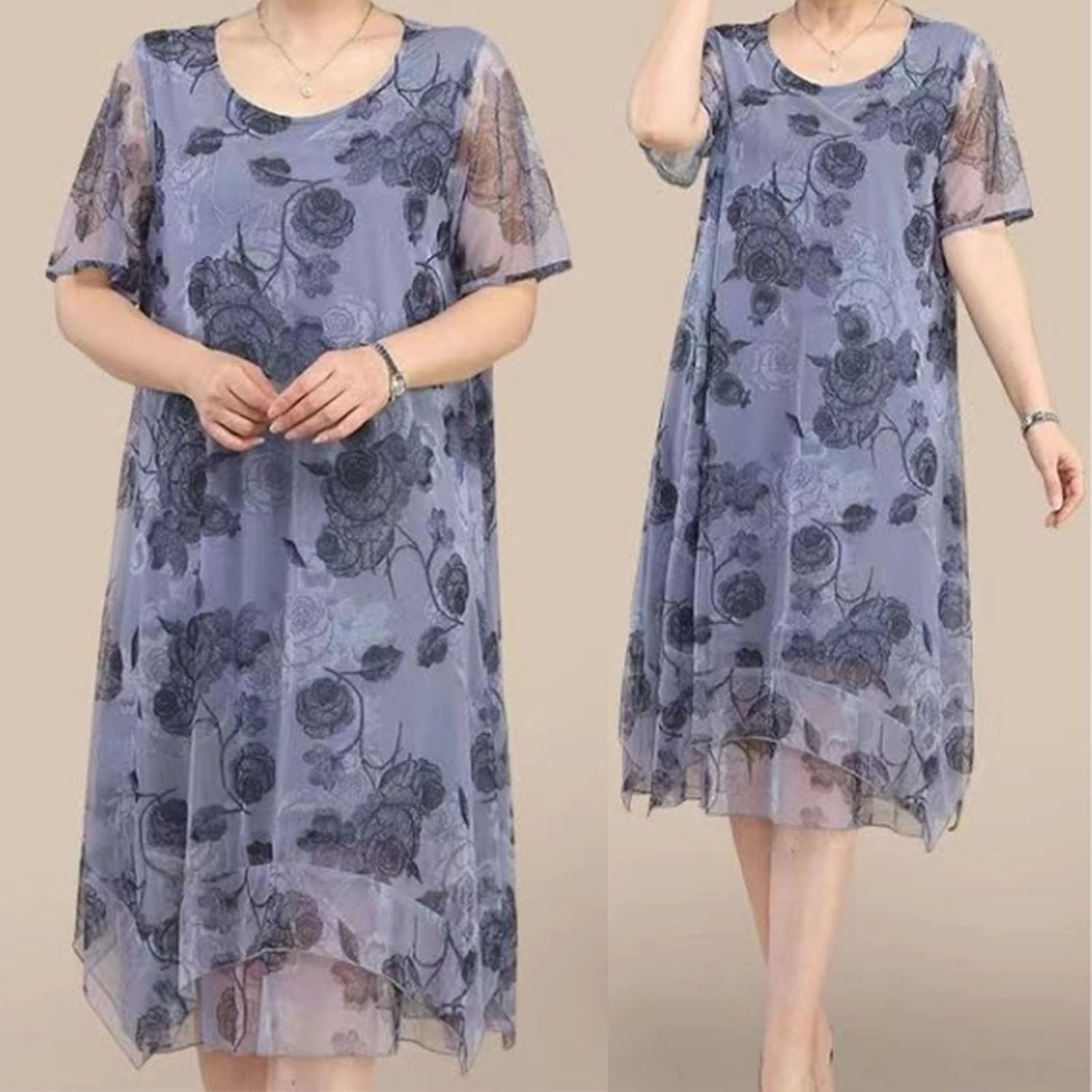 Women's Fresh Print Round Neck Short Sleeve A-Line Mini Dress, Lace Term Flowy Smocked Elegant Floral Print Dress
