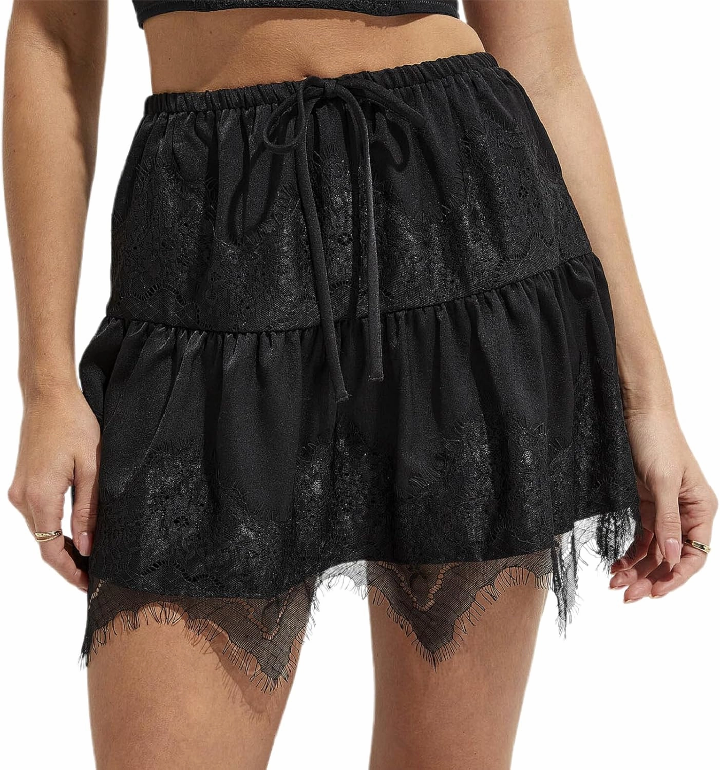 Women Y2k Lace Mini Skirts Summer Lace Slip Skirt Pleated Ruffle Floral Lace Tiered Short Skirts Underskirt