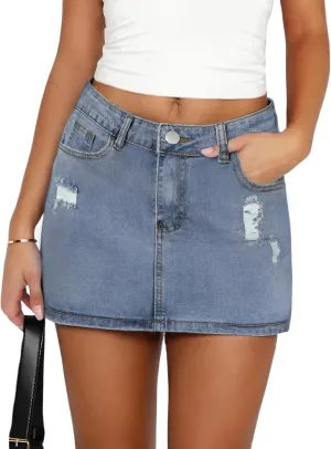 Womens Denim Skirt Casual Mini Jean Skirt Stretch Low Waist Jean Skirt for Women Zip Fly Denim Mini Skirts