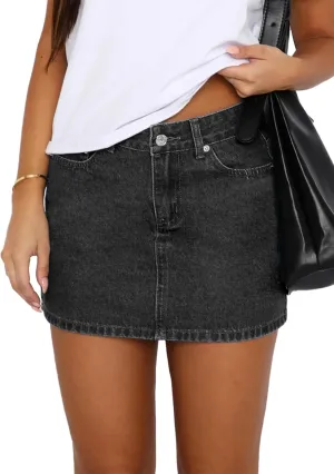 Womens Denim Skirt Casual Mini Jean Skirt Stretch Low Waist Jean Skirt for Women Zip Fly Denim Mini Skirts