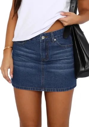 Womens Denim Skirt Casual Mini Jean Skirt Stretch Low Waist Jean Skirt for Women Zip Fly Denim Mini Skirts