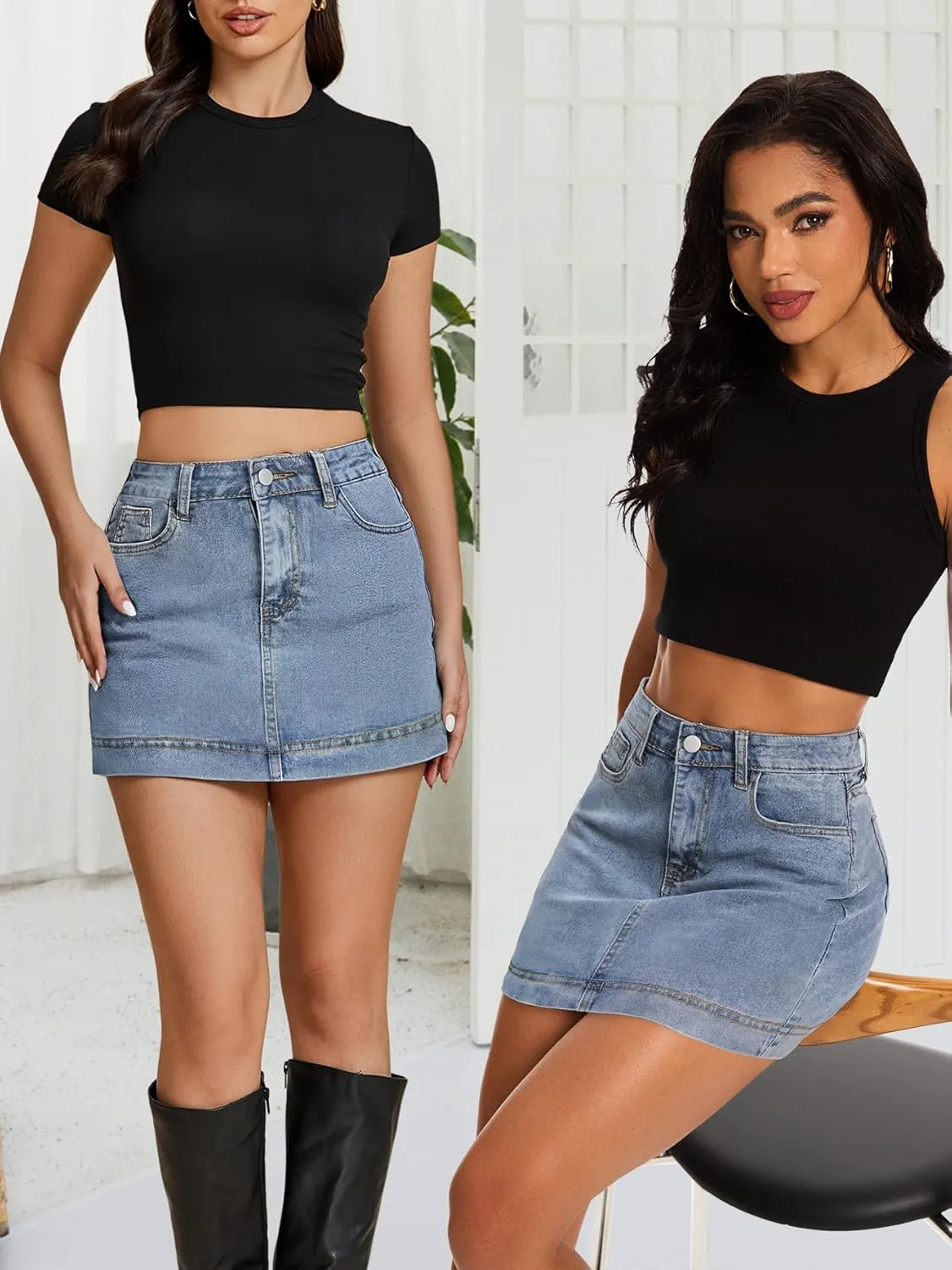 Womens Denim Skirt Casual Mini Jean Skirt Stretch Low Waist Jean Skirt for Women Zip Fly Denim Mini Skirts