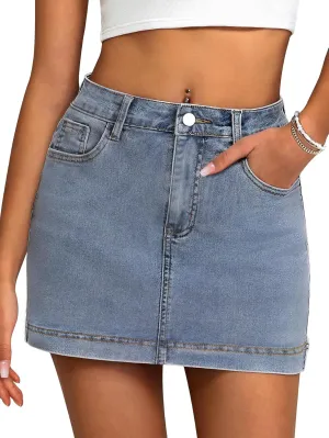 Womens Denim Skirt Casual Mini Jean Skirt Stretch Low Waist Jean Skirt for Women Zip Fly Denim Mini Skirts