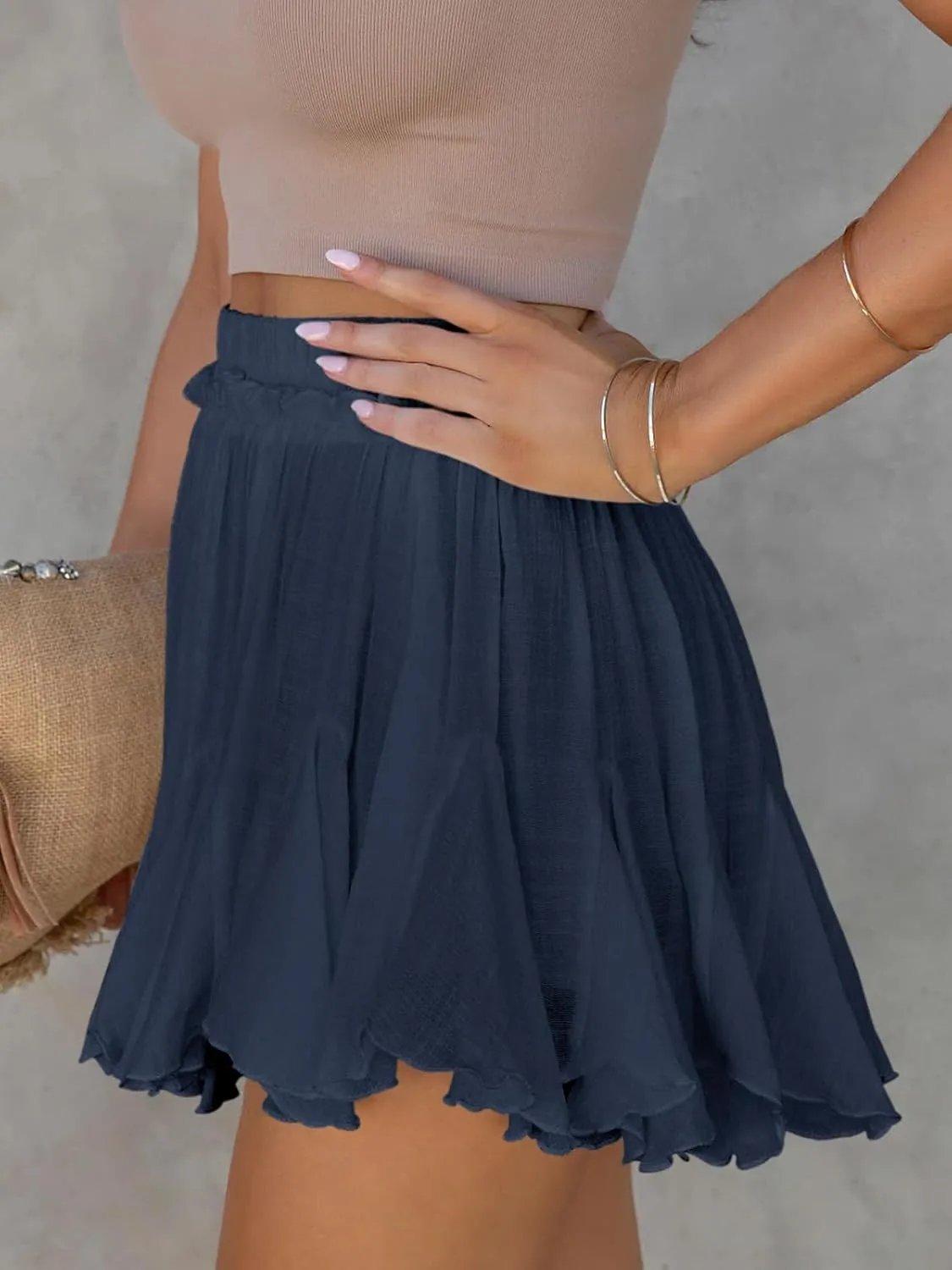 Women's Flowy Shorts Casual Linen Boho Ruffle Mini Skirts Pleated High Waist Cute Butterfly Skorts with Pockets Summer Trendy