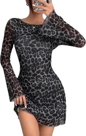 Women's Leopard Print Dress Bell Long Sleeve Mini Dresses Y2K Sexy Backless Mesh Cheetah Print Dress