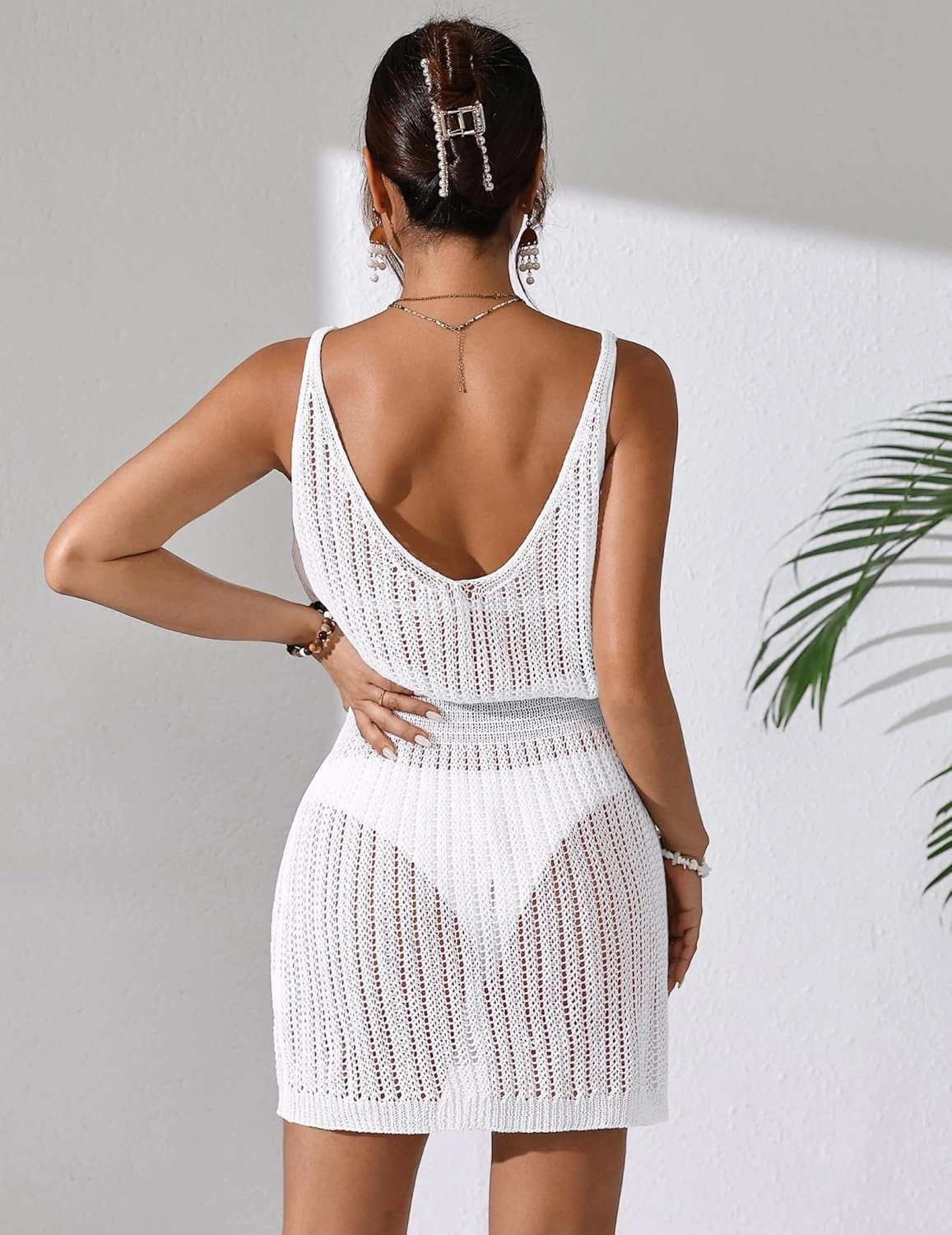 Womens Crochet Knit Waist Cinched Beach Coverup Mini Dress Summer 2025 Backless V Neck Bathing Suit Cover Up