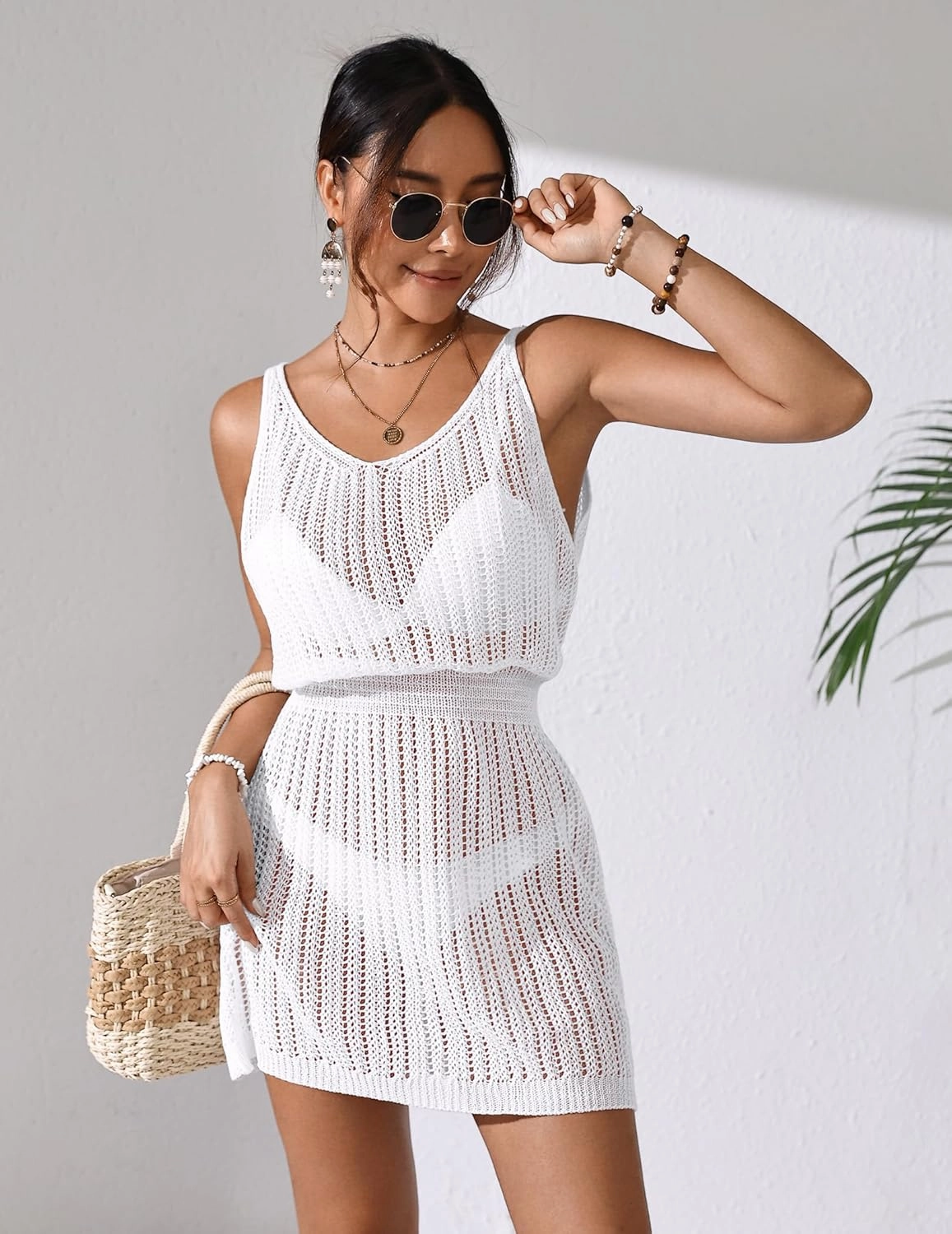 Womens Crochet Knit Waist Cinched Beach Coverup Mini Dress Summer 2025 Backless V Neck Bathing Suit Cover Up