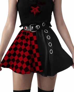 Womens Punk Gothic Plaid Solid Color Patchwork Skirt A Line Mini Skirts Summer Kawaii Cute Skirts Y2k Streetwear