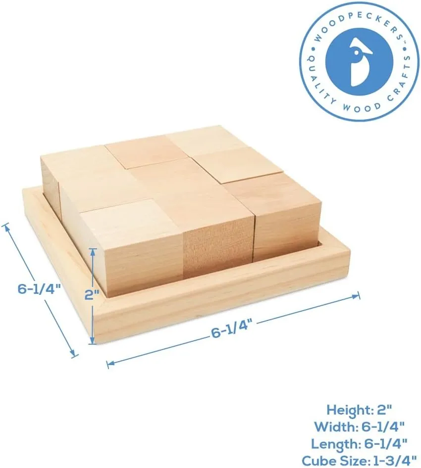 Wood Block Puzzles, 9 1-3/4 inch Wood Cubes in 6-1/4 inch Wood Tray, Pack of 2 Puzzle Blocks for DIY Crafting Art, by Woodpeckers