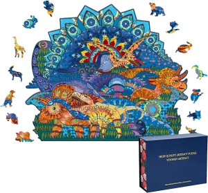 Wood Cut Puzzles, Wooden Jigsaw Puzzles, Animals Shaped Unique Wooden Puzzles for Adults and Kids, Cool Gadgets Magic Liberty Puzzles, Cartoon Dinosaur Paradise (Large 300 pcs)