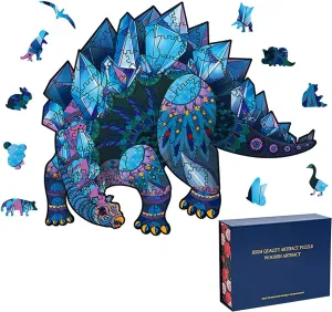 Wood Cut Puzzles, Wooden Jigsaw Puzzles, Animals Shaped Unique Wooden Puzzles for Adults and Kids, Cool Gadgets Magic Liberty Puzzles, Dinosaur Blue Stegosaurus (Small 100 pcs)