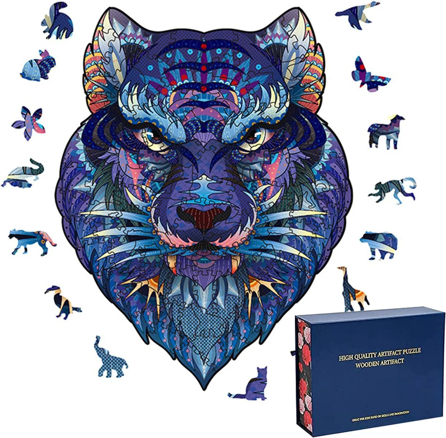 Wood Cut Puzzles, Wooden Jigsaw Puzzles, Animals Shaped Unique Wooden Puzzles for Adults and Kids, Cool Gadgets Magic Liberty Puzzles, Purple Blue Tiger Beast (Medium 200 pcs)