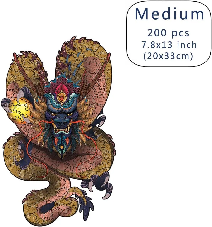 Wood Cut Puzzles, Wooden Jigsaw Puzzles, Animals Shaped Unique Wooden Puzzles for Adults and Kids, Cool Gadgets Magic Liberty Puzzles, Yellow Dragon (Medium 200 pcs)
