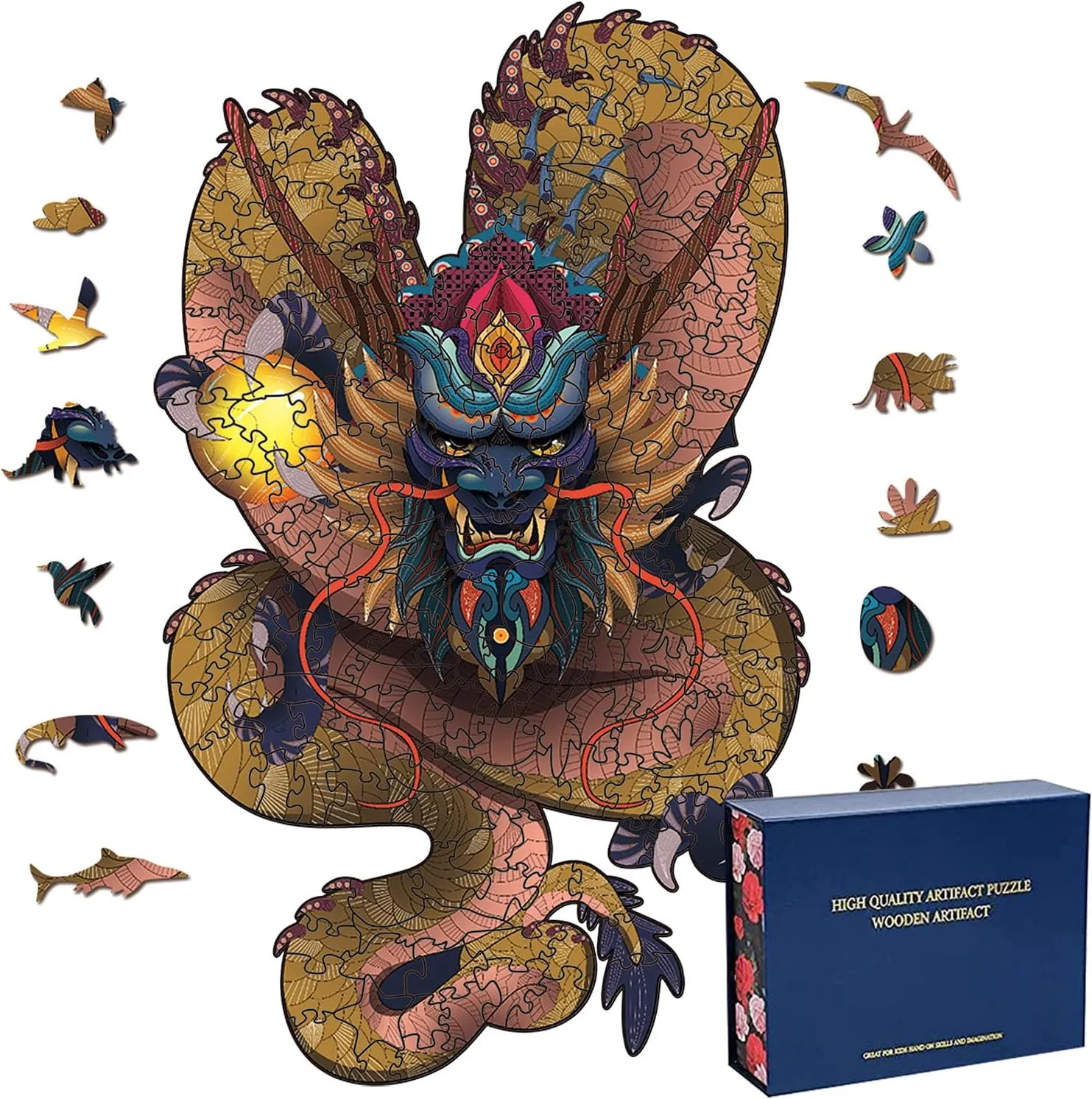 Wood Cut Puzzles, Wooden Jigsaw Puzzles, Animals Shaped Unique Wooden Puzzles for Adults and Kids, Cool Gadgets Magic Liberty Puzzles, Yellow Dragon (Medium 200 pcs)