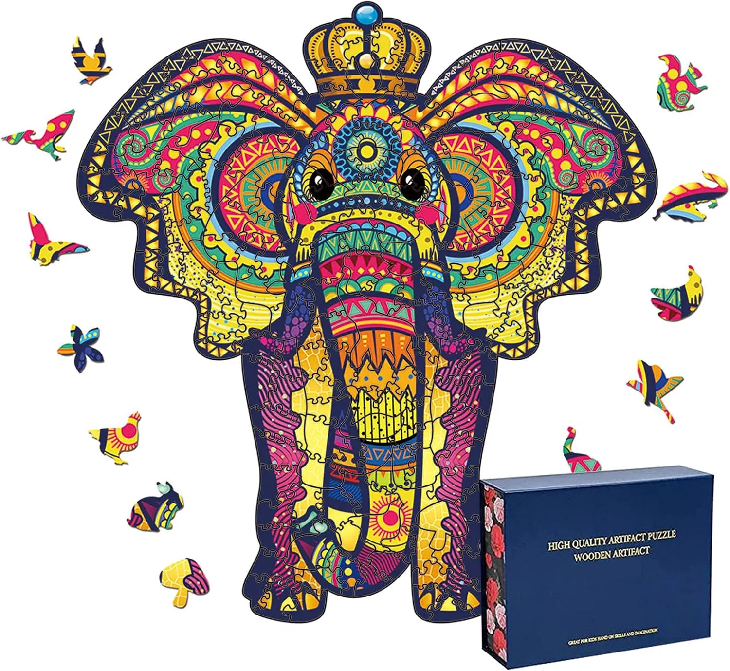 Wood Cut Puzzles, Wooden Jigsaw Puzzles, Animals Shaped Unique Wooden Puzzles for Adults and Kids, Cool Gadgets Magic Liberty Puzzles,Cute Elephant King (Small 100 pcs)