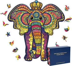 Wood Cut Puzzles, Wooden Jigsaw Puzzles, Animals Shaped Unique Wooden Puzzles for Adults and Kids, Cool Gadgets Magic Liberty Puzzles,Cute Elephant King (Small 100 pcs)