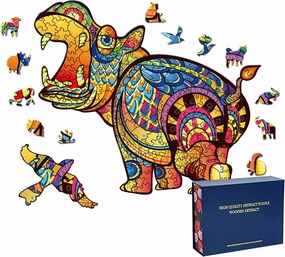 Wood Cut Puzzles, Wooden Jigsaw Puzzles, Animals Shaped Unique Wooden Puzzles for Adults and Kids, Cool Gadgets Magic Liberty Puzzles, Hippo Open Big Mouth (Medium 200 pcs)