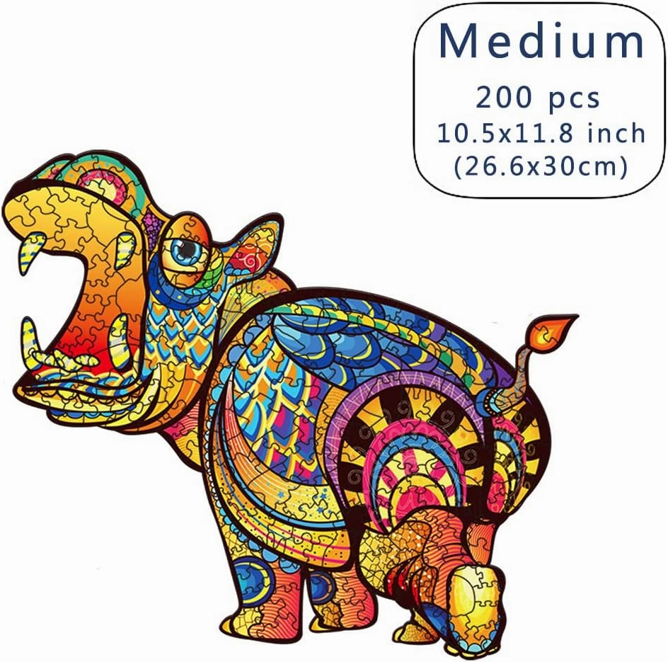 Wood Cut Puzzles, Wooden Jigsaw Puzzles, Animals Shaped Unique Wooden Puzzles for Adults and Kids, Cool Gadgets Magic Liberty Puzzles, Hippo Open Big Mouth (Medium 200 pcs)