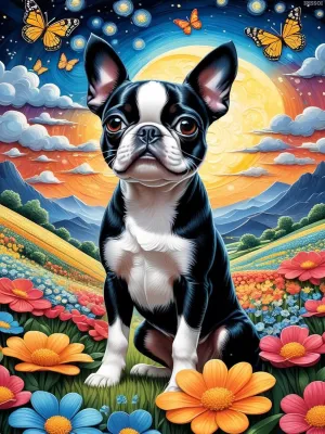 Wooden Puzzle - Boston Terrier Jigsaw Puzzle for Adults - Grassland Flowers Challenging Educational Game Fun Family Activities Farmhouse Puzzle Floor Props Kid Gift Unzip Toy Wooden Puzzles 500 Piece
