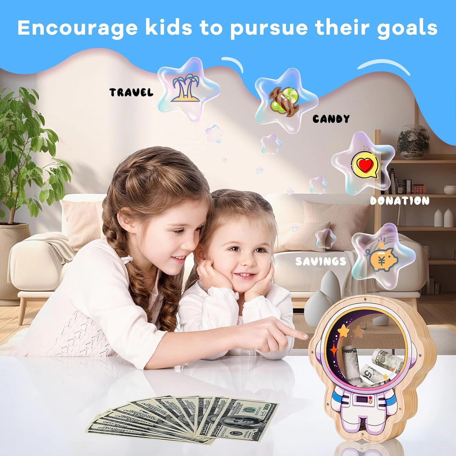 Wooden Astronaut Piggy Banks for Kids, Unbreakable Coin Bank for Kids with Letter Sticker, Wooden Cashbox Money Jar Personalizable Educatinal Toy for Boys, Girls
