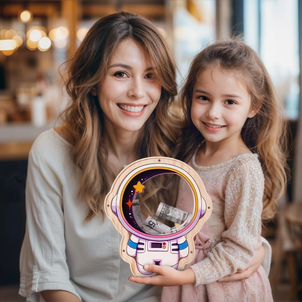 Wooden Astronaut Piggy Banks for Kids, Unbreakable Coin Bank for Kids with Letter Sticker, Wooden Cashbox Money Jar Personalizable Educatinal Toy for Boys, Girls