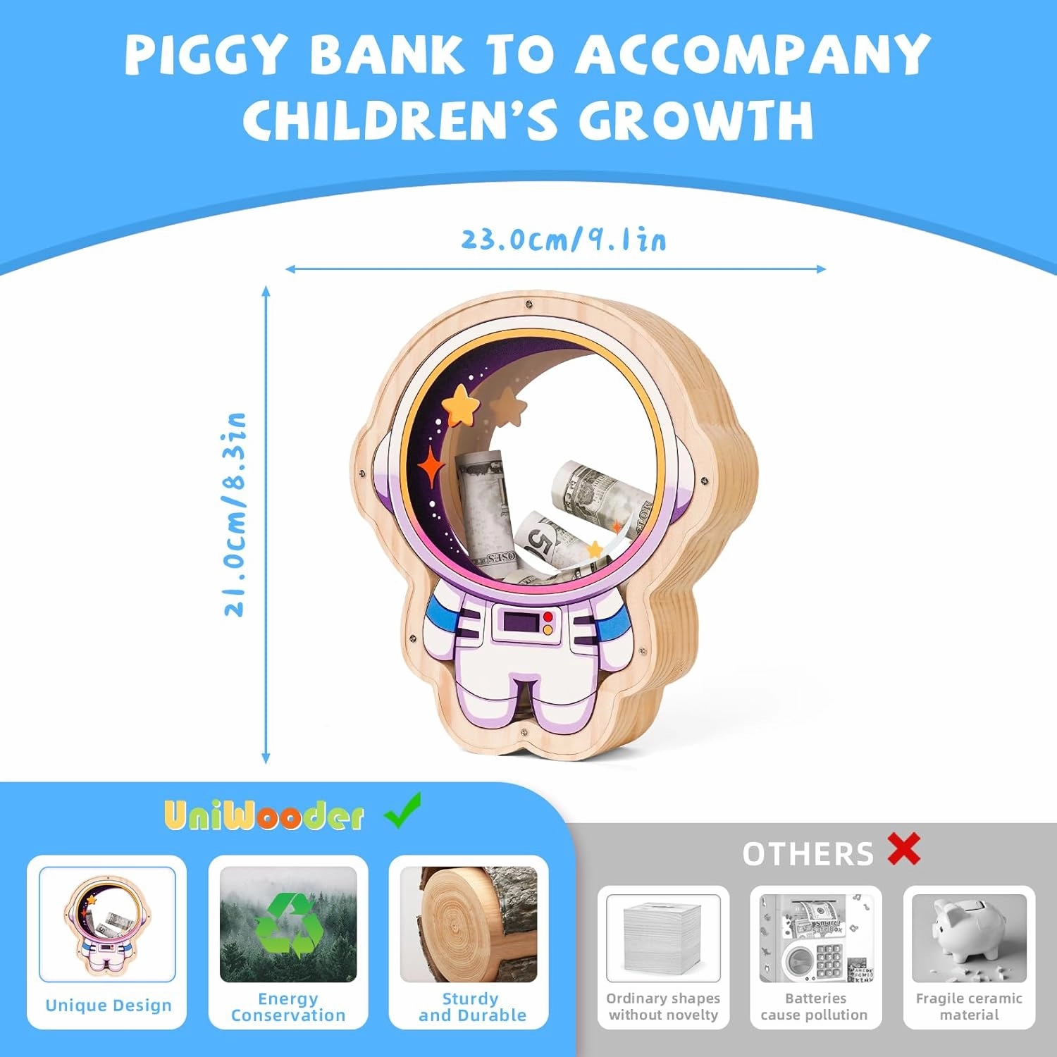 Wooden Astronaut Piggy Banks for Kids, Unbreakable Coin Bank for Kids with Letter Sticker, Wooden Cashbox Money Jar Personalizable Educatinal Toy for Boys, Girls