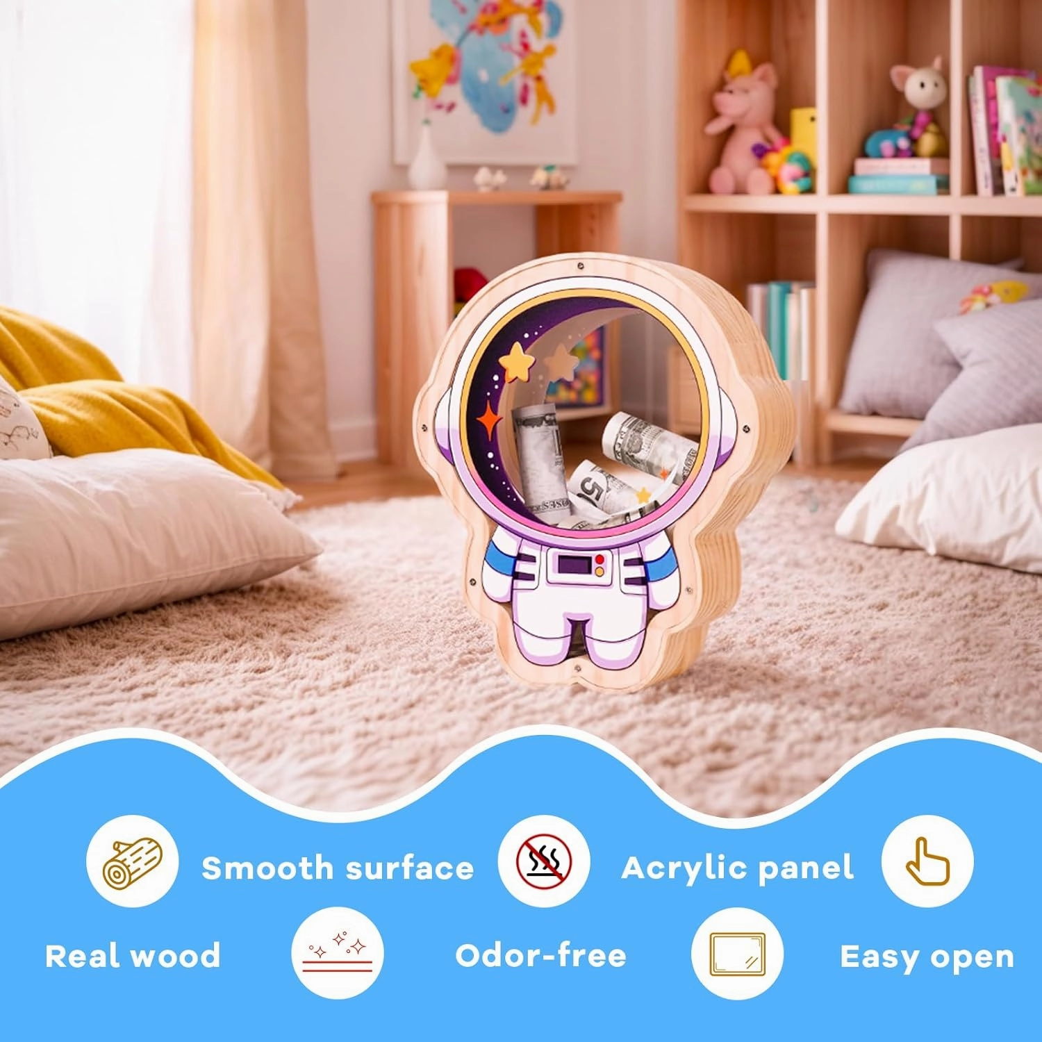 Wooden Astronaut Piggy Banks for Kids, Unbreakable Coin Bank for Kids with Letter Sticker, Wooden Cashbox Money Jar Personalizable Educatinal Toy for Boys, Girls