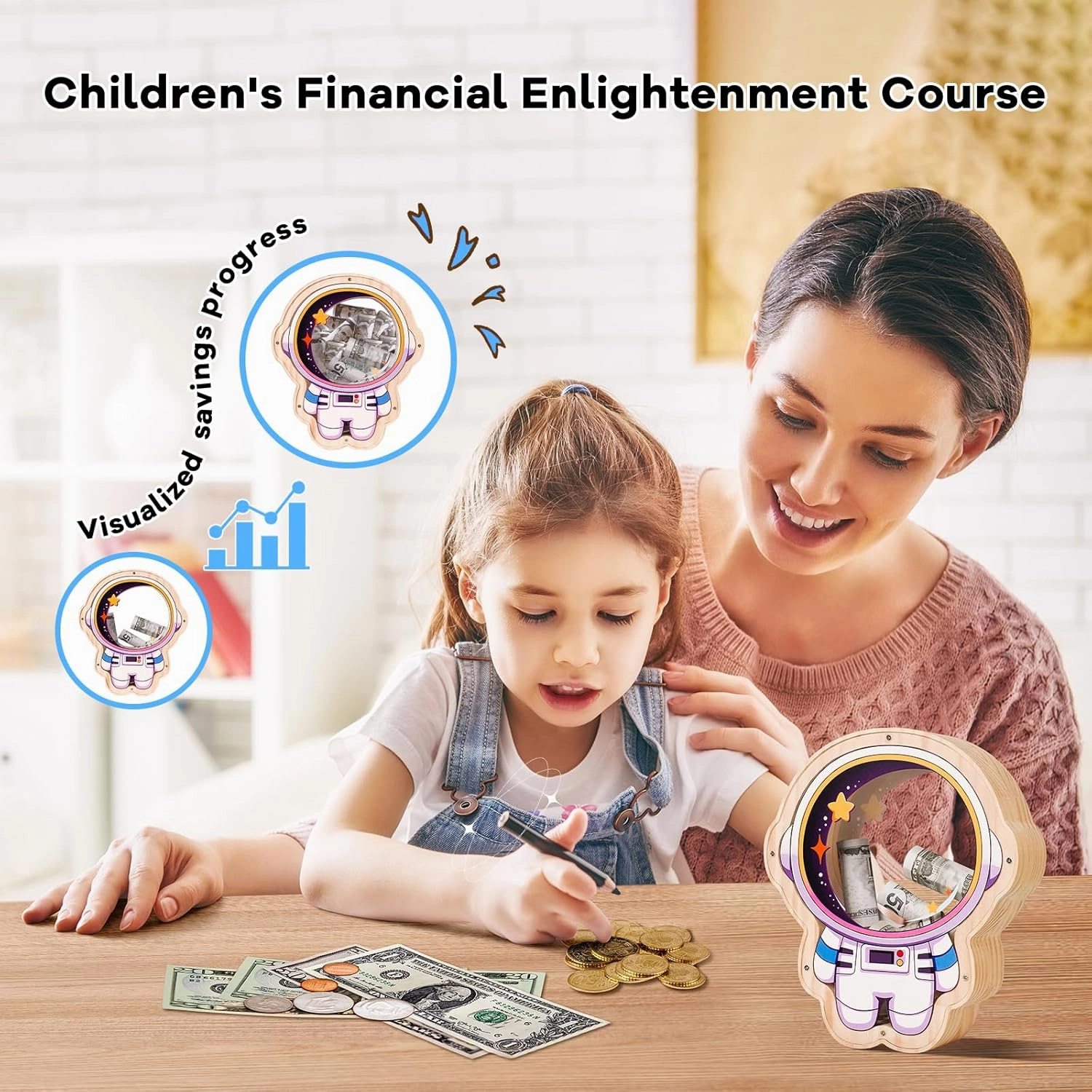 Wooden Astronaut Piggy Banks for Kids, Unbreakable Coin Bank for Kids with Letter Sticker, Wooden Cashbox Money Jar Personalizable Educatinal Toy for Boys, Girls