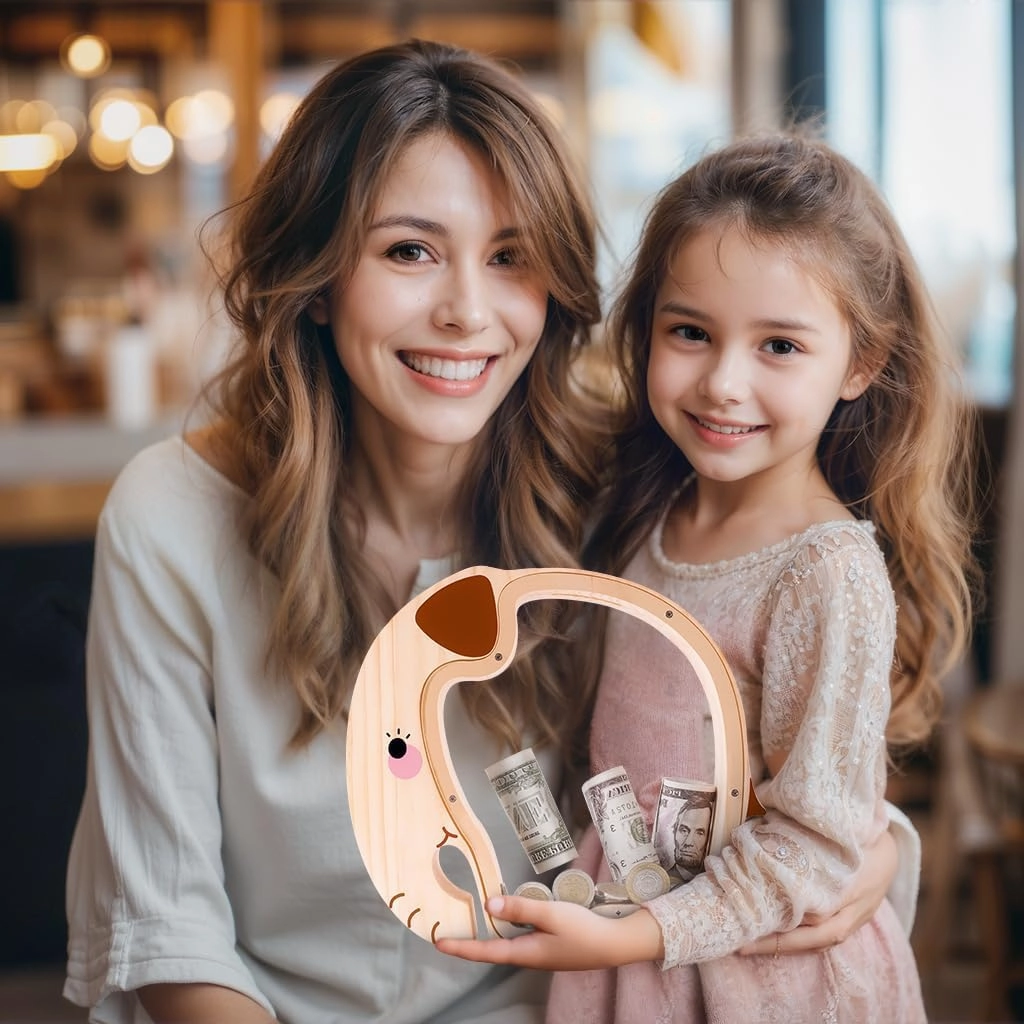 Wooden Elephant Piggy Bank for Kids with Letter Sticker, Unbreakable Money Box for Boys, Girls, Cute Wooden Cashbox Money Bank, Money Jar Personalized Birthday Gift, Educational Toy for Kids