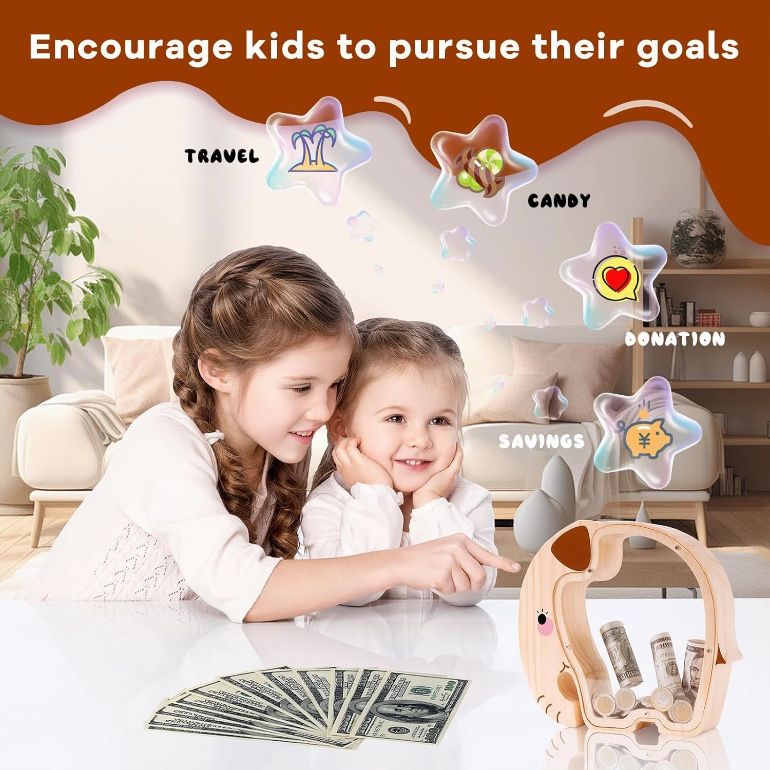 Wooden Elephant Piggy Bank for Kids with Letter Sticker, Unbreakable Money Box for Boys, Girls, Cute Wooden Cashbox Money Bank, Money Jar Personalized Birthday Gift, Educational Toy for Kids