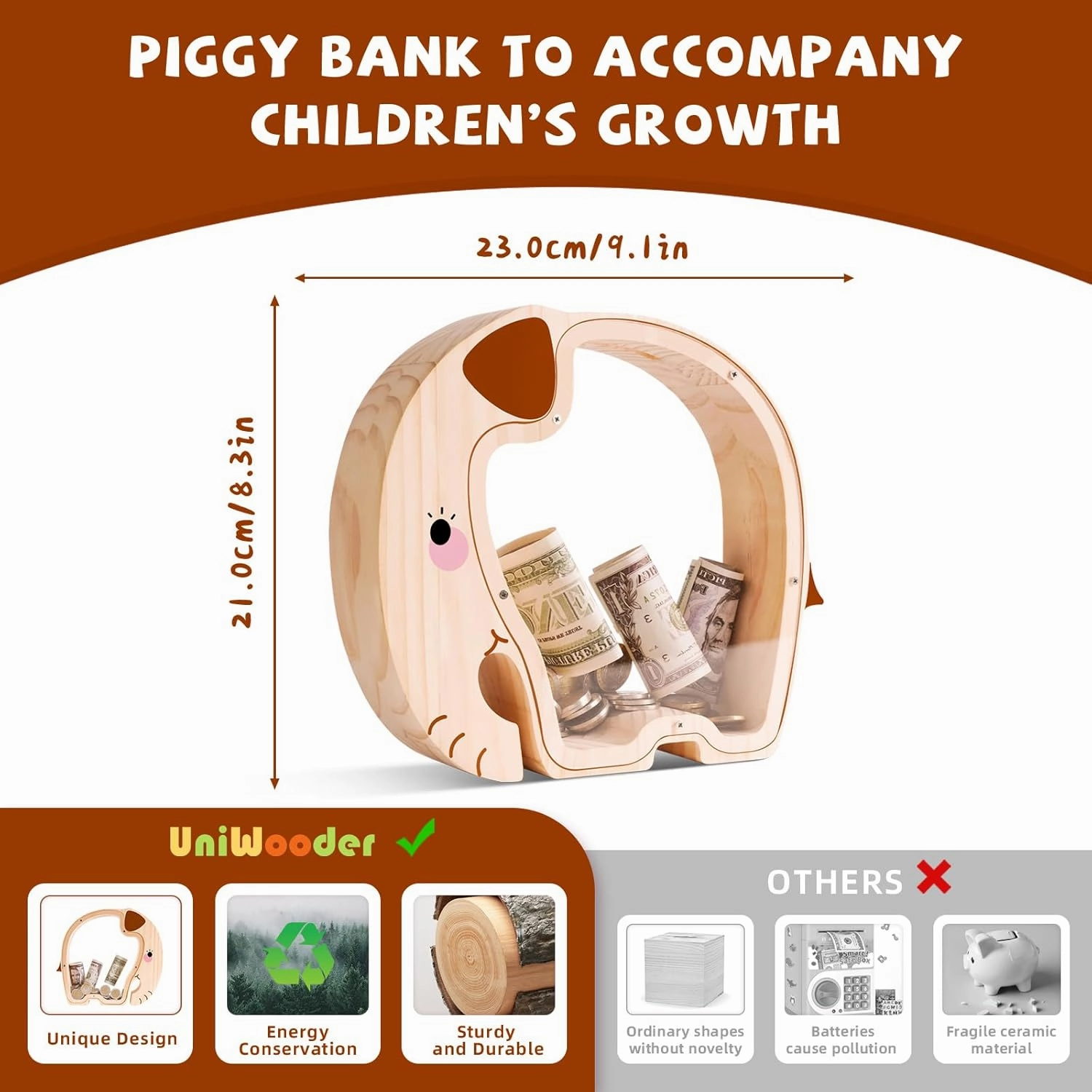 Wooden Elephant Piggy Bank for Kids with Letter Sticker, Unbreakable Money Box for Boys, Girls, Cute Wooden Cashbox Money Bank, Money Jar Personalized Birthday Gift, Educational Toy for Kids