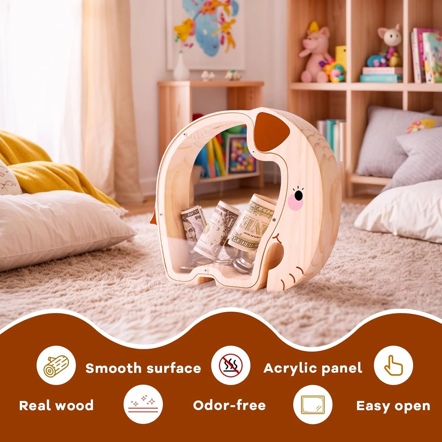 Wooden Elephant Piggy Bank for Kids with Letter Sticker, Unbreakable Money Box for Boys, Girls, Cute Wooden Cashbox Money Bank, Money Jar Personalized Birthday Gift, Educational Toy for Kids