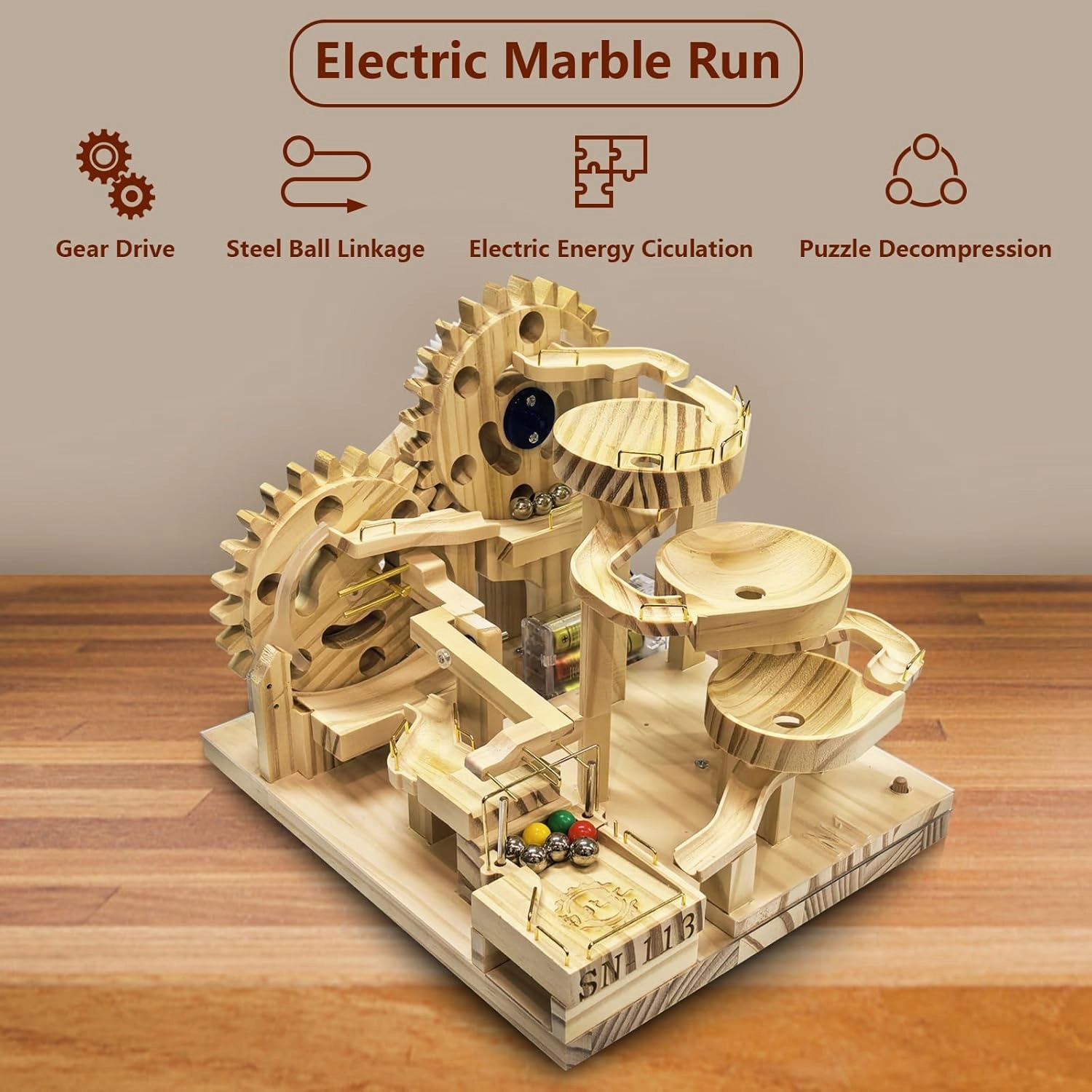 Wooden Marble Run Building Set, Electric Motorized, 41 Blocks, 15 Marbles, 3D Brain Teaser Construction Kit.for Adults and Adolescent to Build (SN-113)