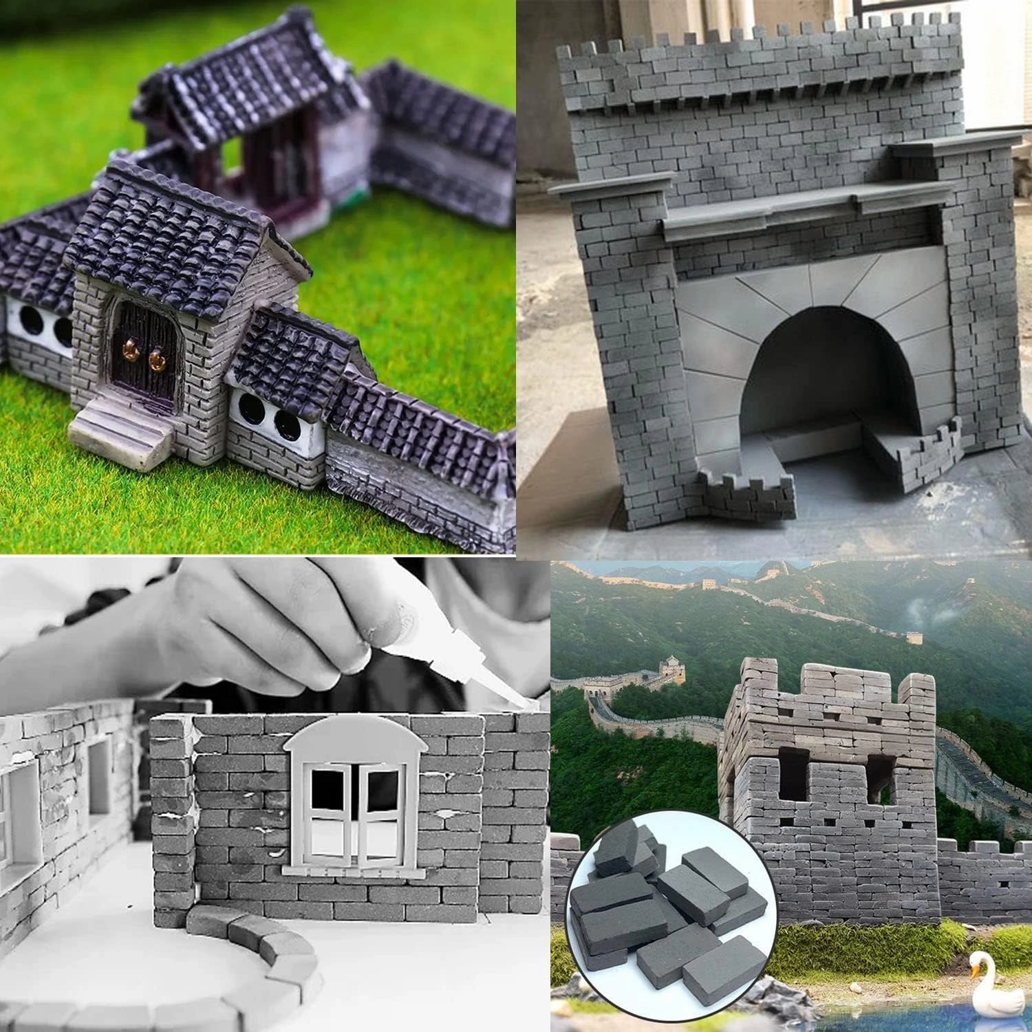 Woohome 350 PCS Gray Mini Wall Bricks Miniature Bricks Figurine Model Brick Building Set Fake Bricks with Scraper for Fairy Garden Landscaping Accessories, 1:16 Scale