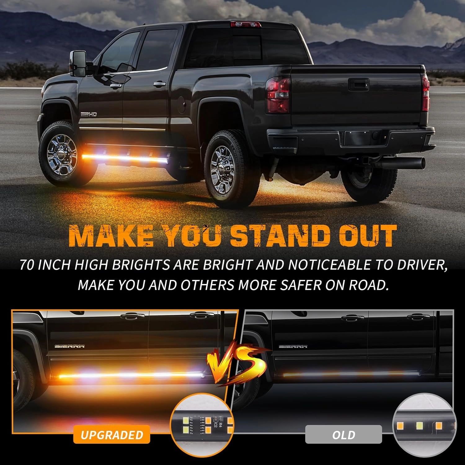XRIDONSEN 2PCS 70 inch Truck Strobe Lights Strip 864 LED Emergency Running Board Lights Amber White Flashing Warning Hazard Caution Safety Light Waterproof for Plow Trucks Construction Vehicles Pickup