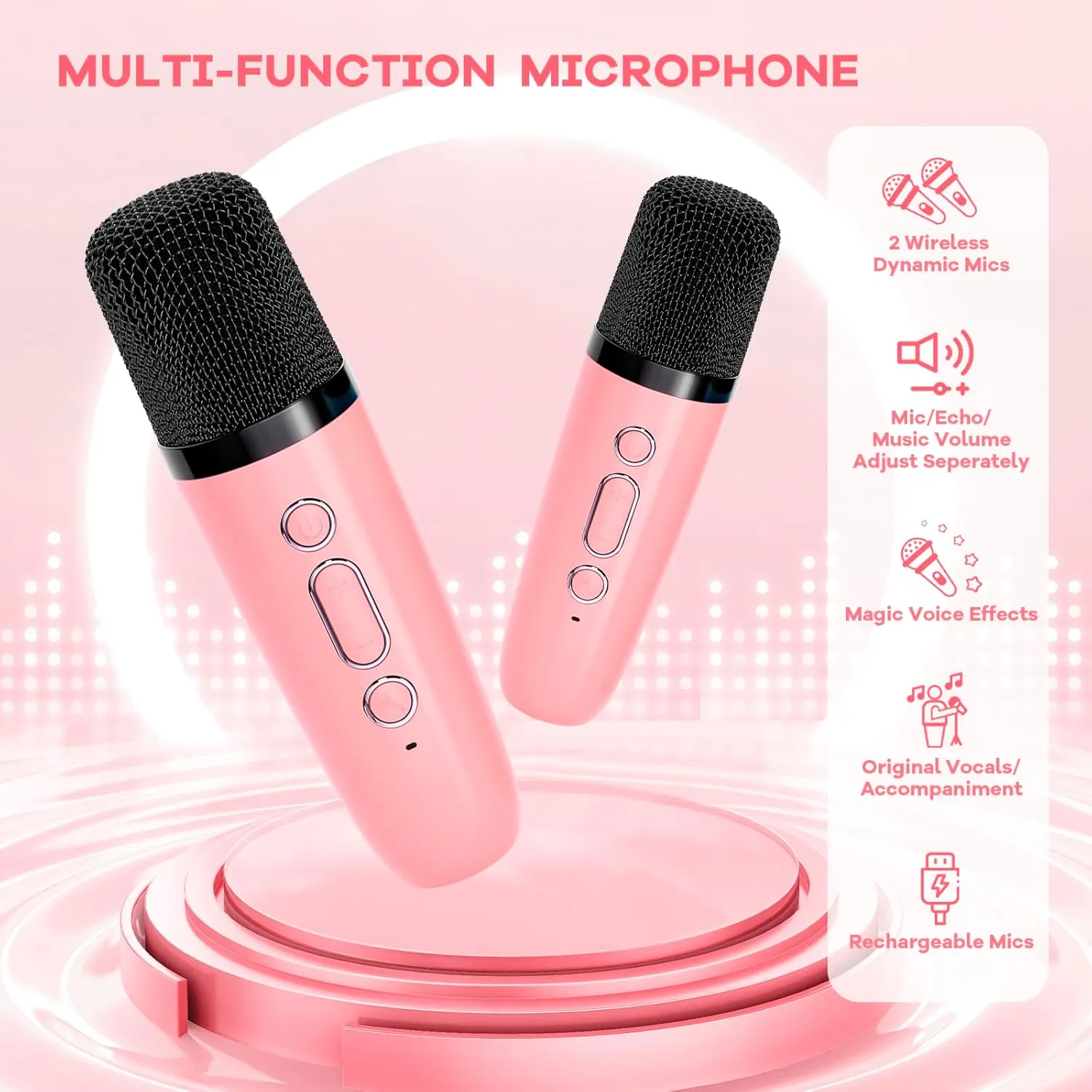 YLL Mini Karaoke Machine for Kids Adults, Portable Bluetooth Speaker with 2 Wireless Microphones, Most Popular Toys Birthday Gifts for Girls 4, 5, 6, 7, 8, 9, 10, 11, 12  Years Old Toddler Teens（Rose）